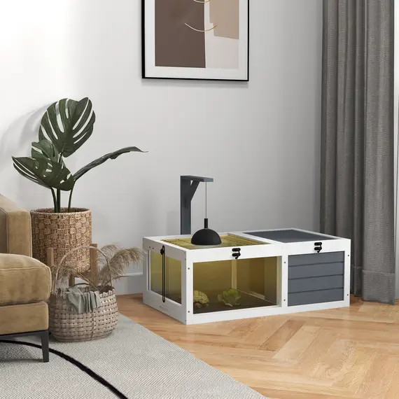 Buy Tortoise Table with Wooden Lamp Holder, Wooden Tortoise House w/ Openable Lids, Pull-Out Trays - Grey, 2 image