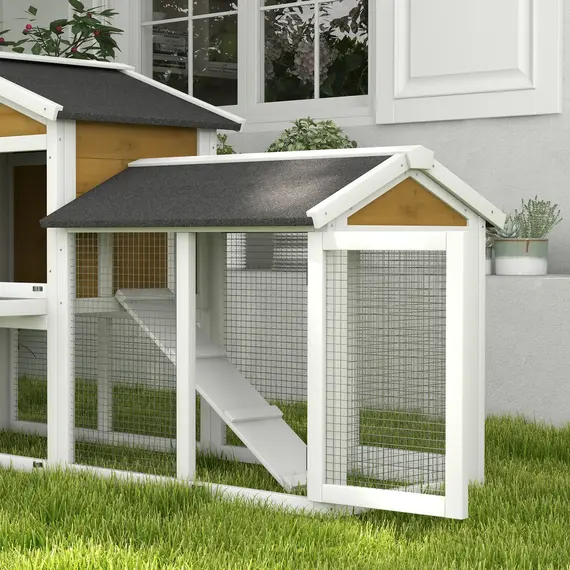 Buy Wooden Rabbit Hutch Outdoor, Double Tier with Water-Resistant Roof, Ramp 147 x 54 x 84 cm, Yellow, 9 image
