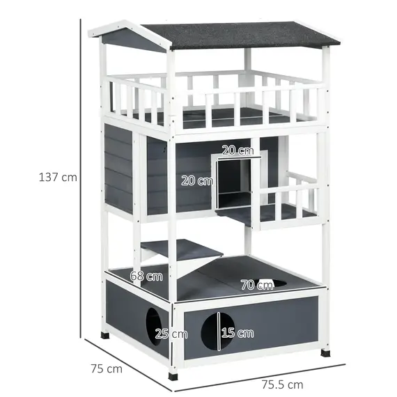 Buy Wooden Outdoor Cat House 3-Tier for Winter Kitten Shelter Lodge w/ Tilted Roof Terrace Jump Step Bottom Tray Elevated Base Waterproof Paint Grey, 3 image