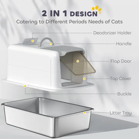 Buy Stainless Steel Cat Litter Box with Removable Lid, Scoop, Filter Bags, for Larger Cats, White, 6 image