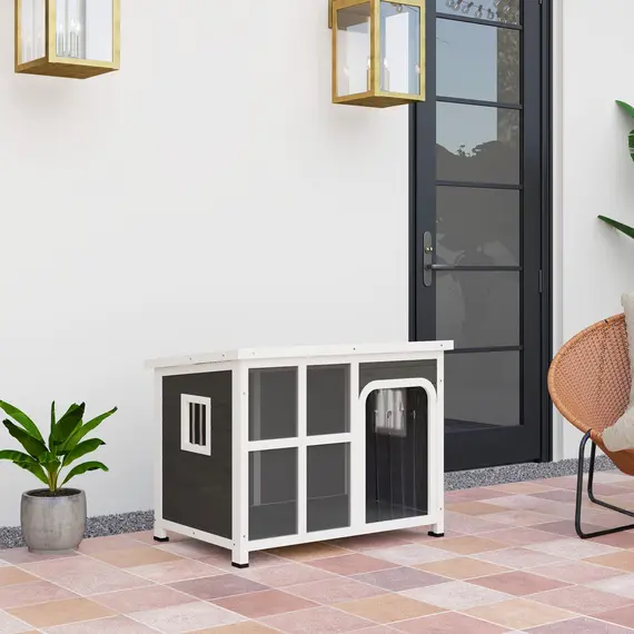 Buy Wooden Outdoor Dog House with Asphalt Openable Top, Removable Floor, Clear Front Panel, Curtain, Light Grey, 8 image