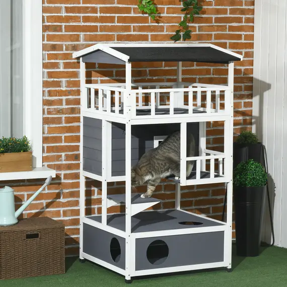 Buy Wooden Outdoor Cat House 3-Tier for Winter Kitten Shelter Lodge w/ Tilted Roof Terrace Jump Step Bottom Tray Elevated Base Waterproof Paint Grey, 2 image