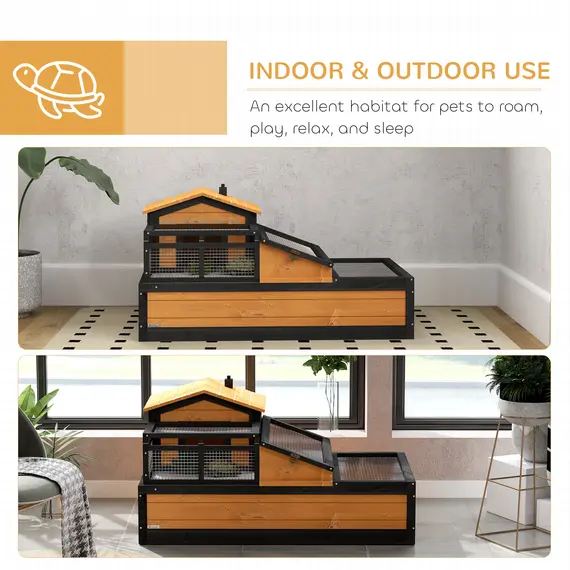 Buy Wooden Tortoise House with Balcony, Tray, Roof, for Indoor and Outdoor, Yellow, 8 image