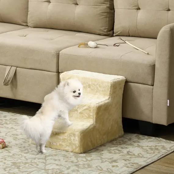 Buy Three-Step Dog Stairs, with Washable Plush Cover, for High Bed Sofa, Dog Stairs for Small Dog and Cat - Beige, 2 image