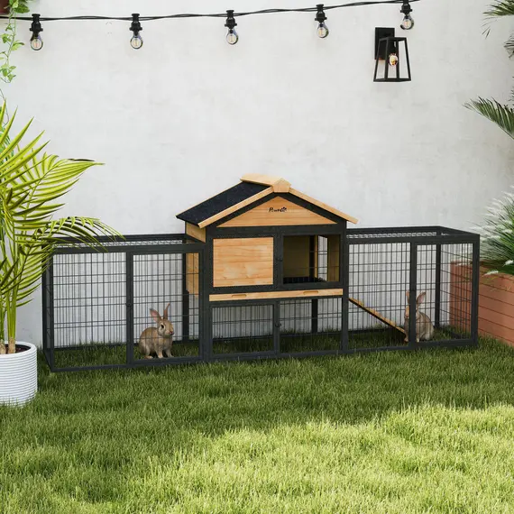 Buy Wooden Rabbit Hutch Outdoor with Steel Run, Wooden Guinea Pig Cage with Removable Plastic Tray, Asphalt Roof, Ramp, 2 image