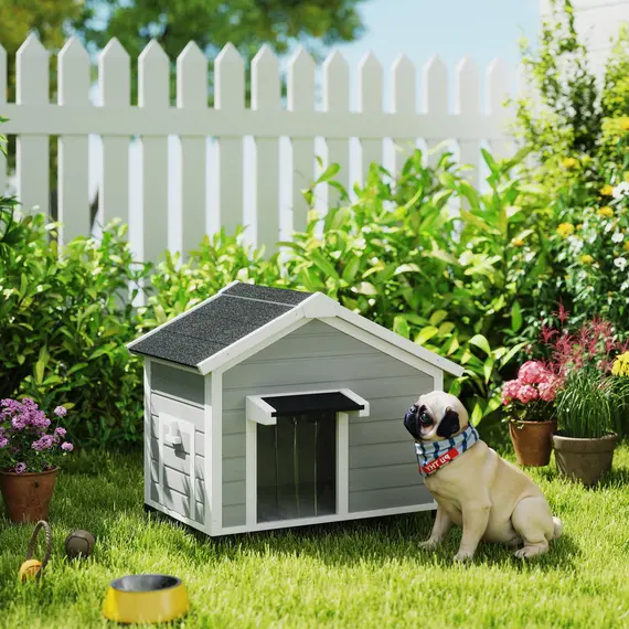 Buy Wooden Dog House Outdoor with Openable Roof, Removable Floor, Curtain, Elevated Feet, for Medium Dogs, Light Grey, 2 image