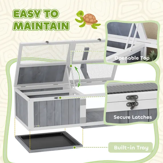 Buy Wooden Tortoise House with Lamp Holder, Clear Observation Window, Openable Tops, Built-in Tray, Light Grey, 7 image