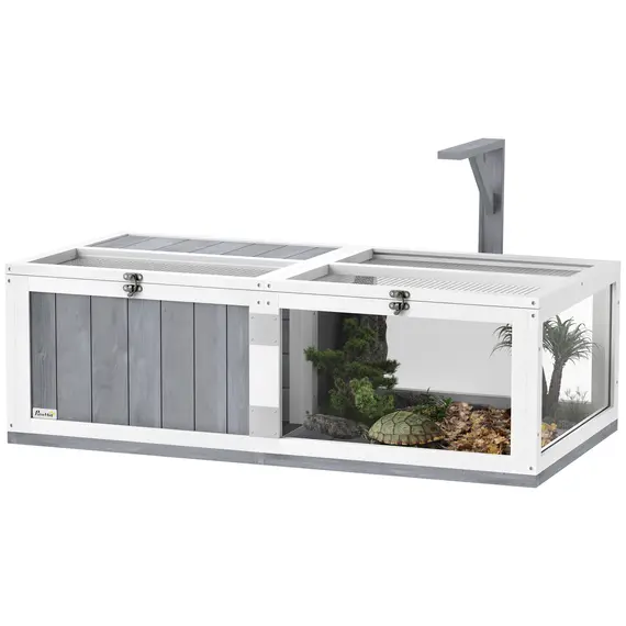 Buy Wooden Tortoise House with Lamp Holder, Clear Observation Window, Openable Tops, Built-in Tray, Light Grey