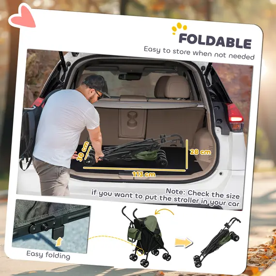 Buy Umbrella Structure Dog Stroller, Lightweight & Portable Dog Pram w/ Shoulder Strap, Storage Bag & Cup Holder, Dark Green, 6 image