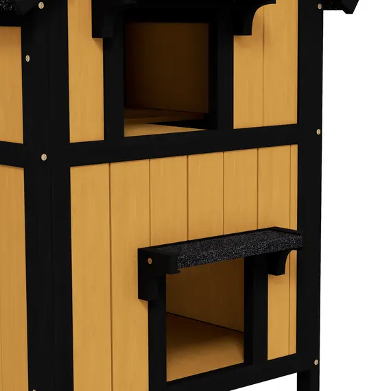 Buy Wooden Cat House with Flower Pot, Windows, Multiple Entrances, Water-Resistant Roof for Outdoor - Yellow, 8 image