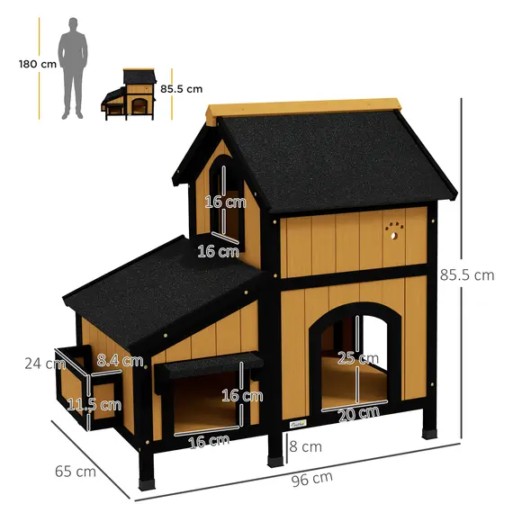 Buy Wooden Cat House with Flower Pot, Windows, Multiple Entrances, Water-Resistant Roof for Outdoor - Yellow, 3 image