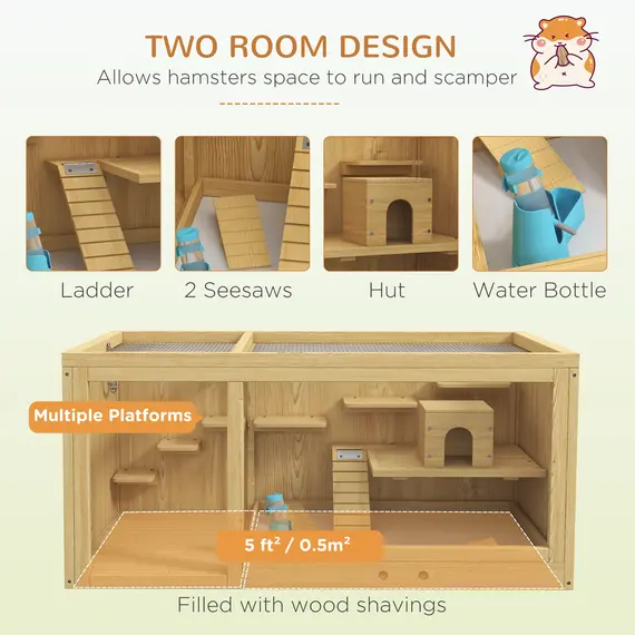 Buy Wooden Hamster Cage with Water Bottle, Platforms, Openable Roof, Sliding Tray, Hut, Seesaws, Natural Wood Finish, 4 image
