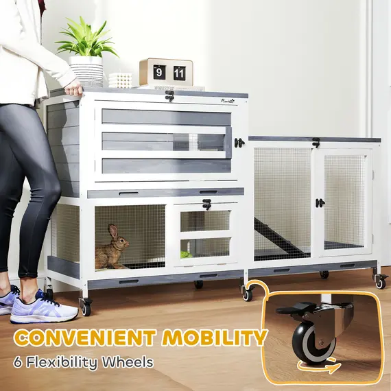 Buy Wooden Rabbit Hutch with Run, 2-Tier Guinea Pig Hutch with Run, Wheels, 3 Plastic Trays, 2 Openable Top, for 2-3 Rabbits, 6 image