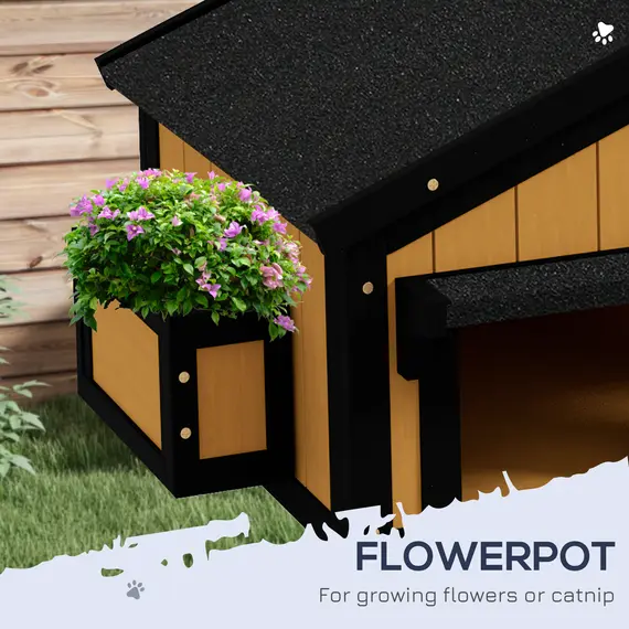 Buy Wooden Cat House with Flower Pot, Windows, Multiple Entrances, Water-Resistant Roof for Outdoor - Yellow, 5 image