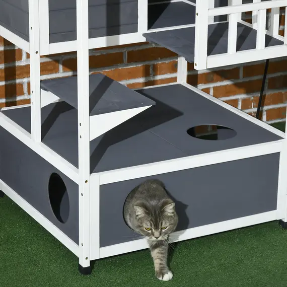 Buy Wooden Outdoor Cat House 3-Tier for Winter Kitten Shelter Lodge w/ Tilted Roof Terrace Jump Step Bottom Tray Elevated Base Waterproof Paint Grey, 9 image