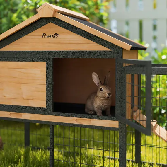 Buy Wooden Rabbit Hutch Outdoor with Steel Run, Wooden Guinea Pig Cage with Removable Plastic Tray, Asphalt Roof, Ramp, 9 image