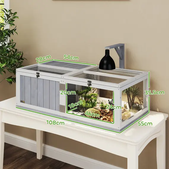 Buy Wooden Tortoise House with Lamp Holder, Clear Observation Window, Openable Tops, Built-in Tray, Light Grey, 3 image