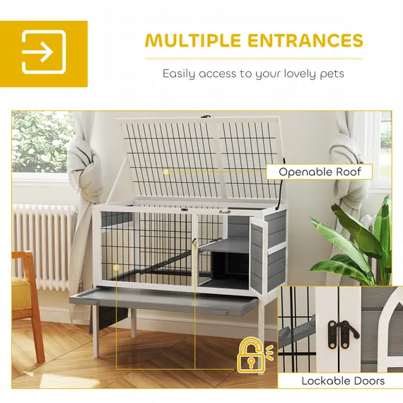 Buy Wooden Rabbit Hutch, Guinea Pig Cage, with Removable Tray, Openable Roof, Grey, 5 image