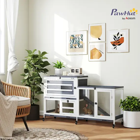 Buy Wooden Rabbit Hutch with Run, 2-Tier Guinea Pig Hutch with Run, Wheels, 3 Plastic Trays, 2 Openable Top, for 2-3 Rabbits, 2 image
