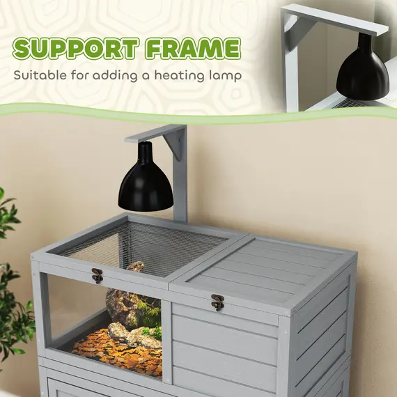 Buy Wooden Tortoise House with Storage Cabinet, Openable Top, Lamp Holder, Transparent Observation Windows, Light Grey, 7 image