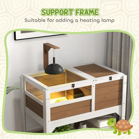 Buy Wooden Tortoise House, with Shelter, Run, Shelf, Lamp Holder, Tray - Brown, 5 image