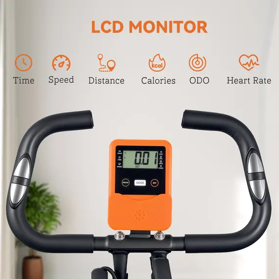 Buy 5-In-1 Folding Exercise Bike with Arm Workout Bands, Quiet 8-Level Magnetic Resistance Foldable Exercise Bike with LCD, Tablet Holder, Hand Pulse Sensor for Home Use Indoor Cycling, Orange, 9 image