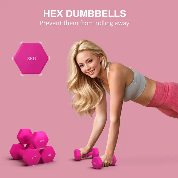 Buy 2 x 3kg Hexagonal Dumbbells Weights Set with Non-Slip Grip for Home Gym Workout, Pink, 4 image