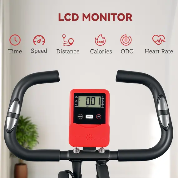 Buy 5-In-1 Folding Exercise Bike with Arm Workout Bands, Quiet 8-Level Magnetic Resistance Foldable Exercise Bike with LCD, Tablet Holder, Hand Pulse Sensor for Home Use Indoor Cycling, Red, 9 image