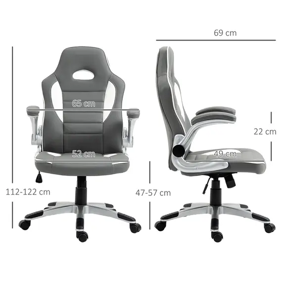 Buy Computer Gaming Chair, Office Desk Swivel Chair, PU Leather Racing Chair with 90° Flip-up Armrest, Adjustable Height and Rolling Wheels, Grey, 3 image