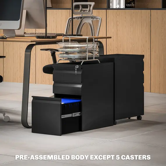 Buy 3-Drawer Steel Filing Cabinet with Lock and Wheels - Black, 8 image