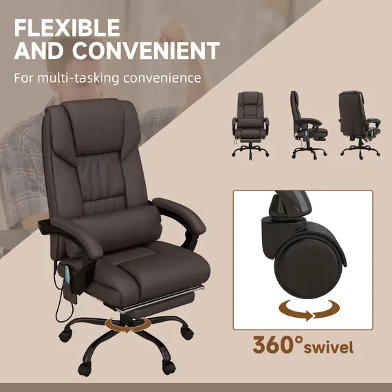 Buy 6-Point Massage Office Chair, PU Leather Desk Chair with Adjustable Height and Footrest for Home Office, Brown, 7 image