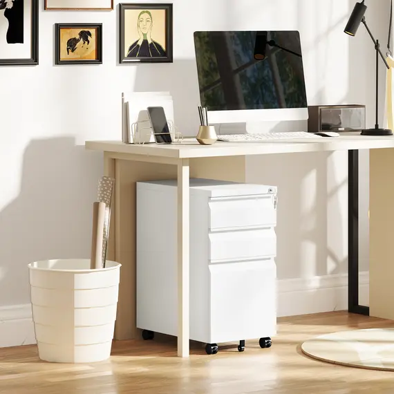 Buy 3-Drawer Steel Filing Cabinet with Lock and Wheels - White, 9 image