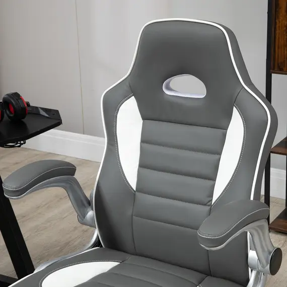 Buy Computer Gaming Chair, Office Desk Swivel Chair, PU Leather Racing Chair with 90° Flip-up Armrest, Adjustable Height and Rolling Wheels, Grey, 8 image