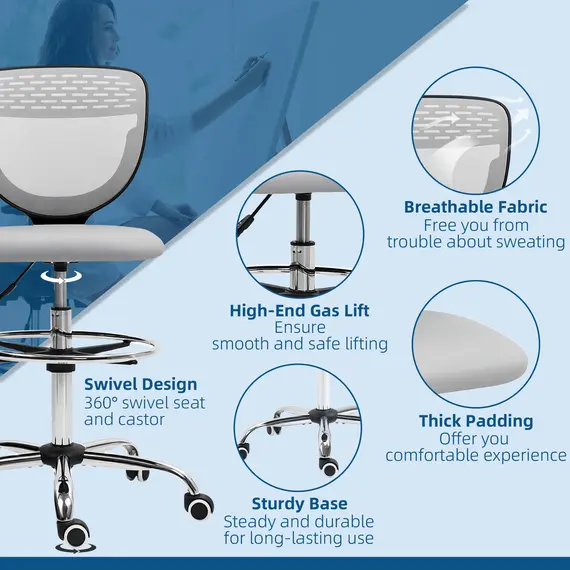 Buy 68-88cm Draughtsman Office Chair, with Wheels - Light Grey, 8 image