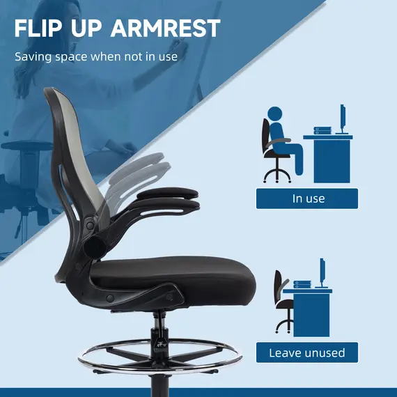 Buy Adjustable Mesh Standing Desk Chair with Flip-up Armrests Lumbar Support Armrests Adjustable Footrest Ring, Dark Grey, 7 image