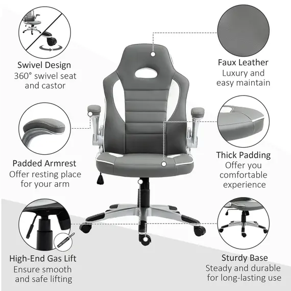 Buy Computer Gaming Chair, Office Desk Swivel Chair, PU Leather Racing Chair with 90° Flip-up Armrest, Adjustable Height and Rolling Wheels, Grey, 7 image