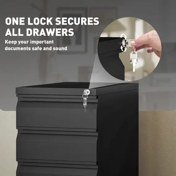 Buy 3-Drawer Steel Filing Cabinet with Lock and Wheels - Black, 6 image