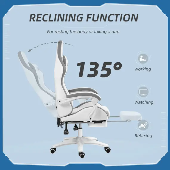 Buy Computer Gaming Chair, PU Leather Desk Chair with Footrest, Swivel Task Chair with 135° Reclining Back and Lumbar Support, PC Chair for Adults, White and Grey, 5 image