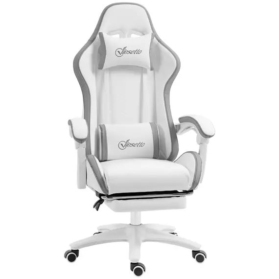 Buy Computer Gaming Chair, PU Leather Desk Chair with Footrest, Swivel Task Chair with 135° Reclining Back and Lumbar Support, PC Chair for Adults, White and Grey