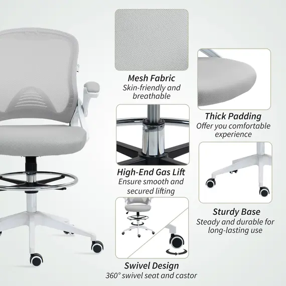 Buy Drafting Chair with Flip-up Armrest, Mesh Office Stool with Foot Ring, 360° Swivel Height Adjustable Chair for Standing Desk, Light Grey, 7 image