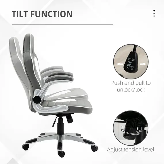 Buy Computer Gaming Chair, Office Desk Swivel Chair, PU Leather Racing Chair with 90° Flip-up Armrest, Adjustable Height and Rolling Wheels, Grey, 5 image