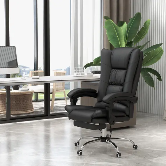 Buy High Back Vibration Massage Office Chair, Heated Reclining PU Leather Computer Chair with 135° Reclining Back and Footrest, Black, 2 image