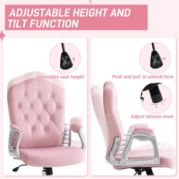 Buy Velvet-Feel Work Chair, with Diamante Back - Pink, 5 image