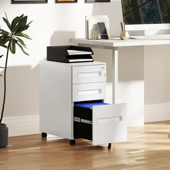 Buy Metal Mobile File Cabinet with Wheels, Lockable 3 Drawer Filing Cabinet for A4, Legal, Letter, Compact Under Desk Storage Unit with Pre-Assembled Body for Home Office, 30 x 43.5 x 60cm, White, 2 image