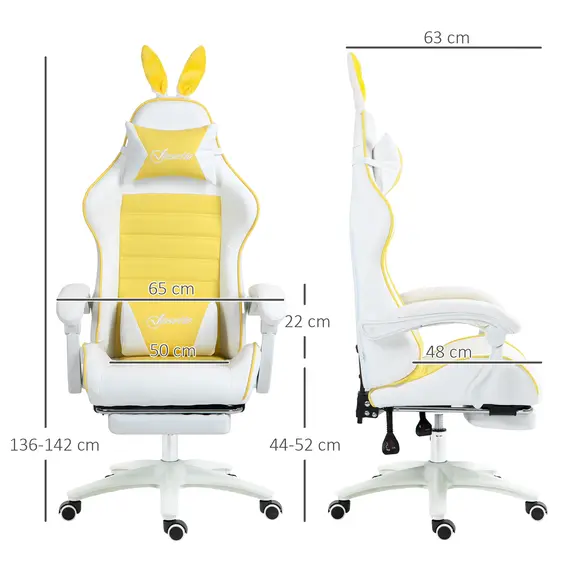 Buy Racing Gaming Chair, Reclining PU Leather Computer Chair with Removable Rabbit Ears, Footrest, Headrest and Lumber Support, Yellow, 3 image