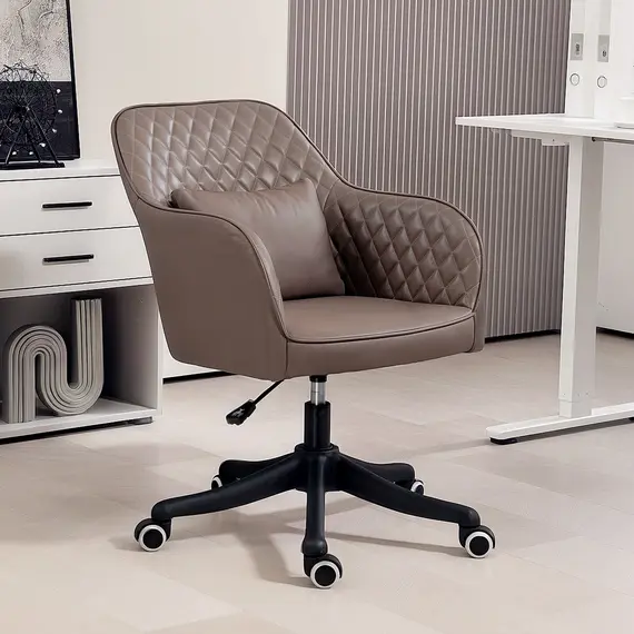 Buy Microfiber Office Chair, Desk Chair, Makeup Vanity Chair with Massage Lumbar Pillow and Rolling Wheels for Bedroom and Home, Brown, 2 image