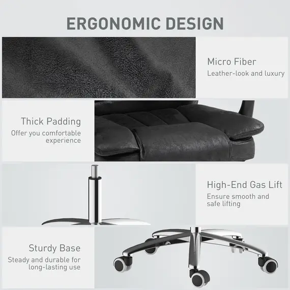 Buy Home Office Chair Microfibre Desk Chair with Reclining Function Armrests Swivel Wheels Footrest Black, 7 image