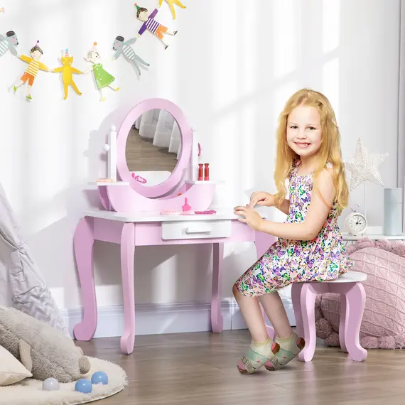 Buy Kids Dressing Table Set, with Mirror, Stool, for Ages 3-6 Years - Pink, 2 image