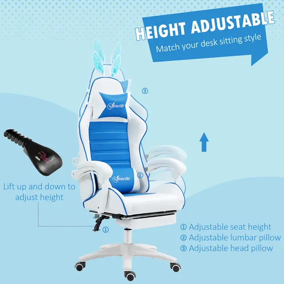 Buy Racing Gaming Chair, Reclining PU Leather Computer Chair with Removable Rabbit Ears, Footrest and Lumber Support, Blue, 5 image