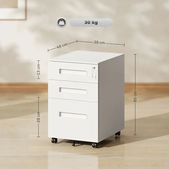 Buy Metal Mobile File Cabinet with Wheels, Lockable 3 Drawer Filing Cabinet for A4, Legal, Letter, Under Desk Storage Unit with Pre-Assembled Body for Home Office, 39 x 48 x 60cm, White, 3 image